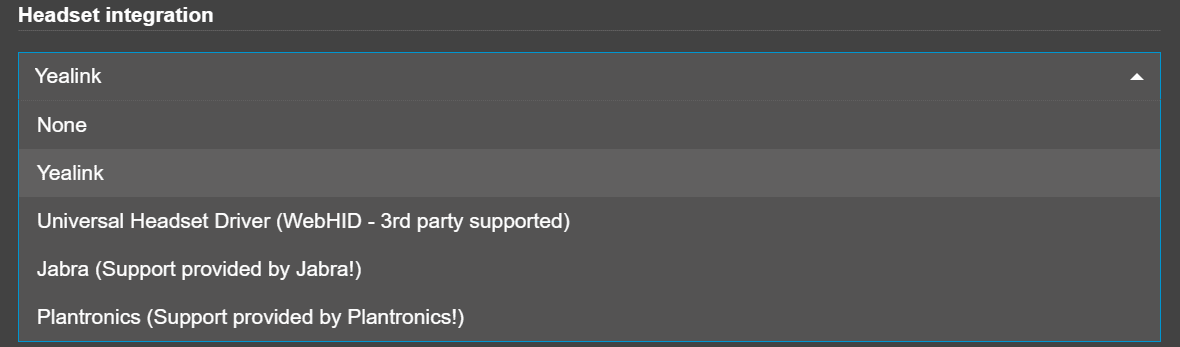 Headset Integration Dropdown